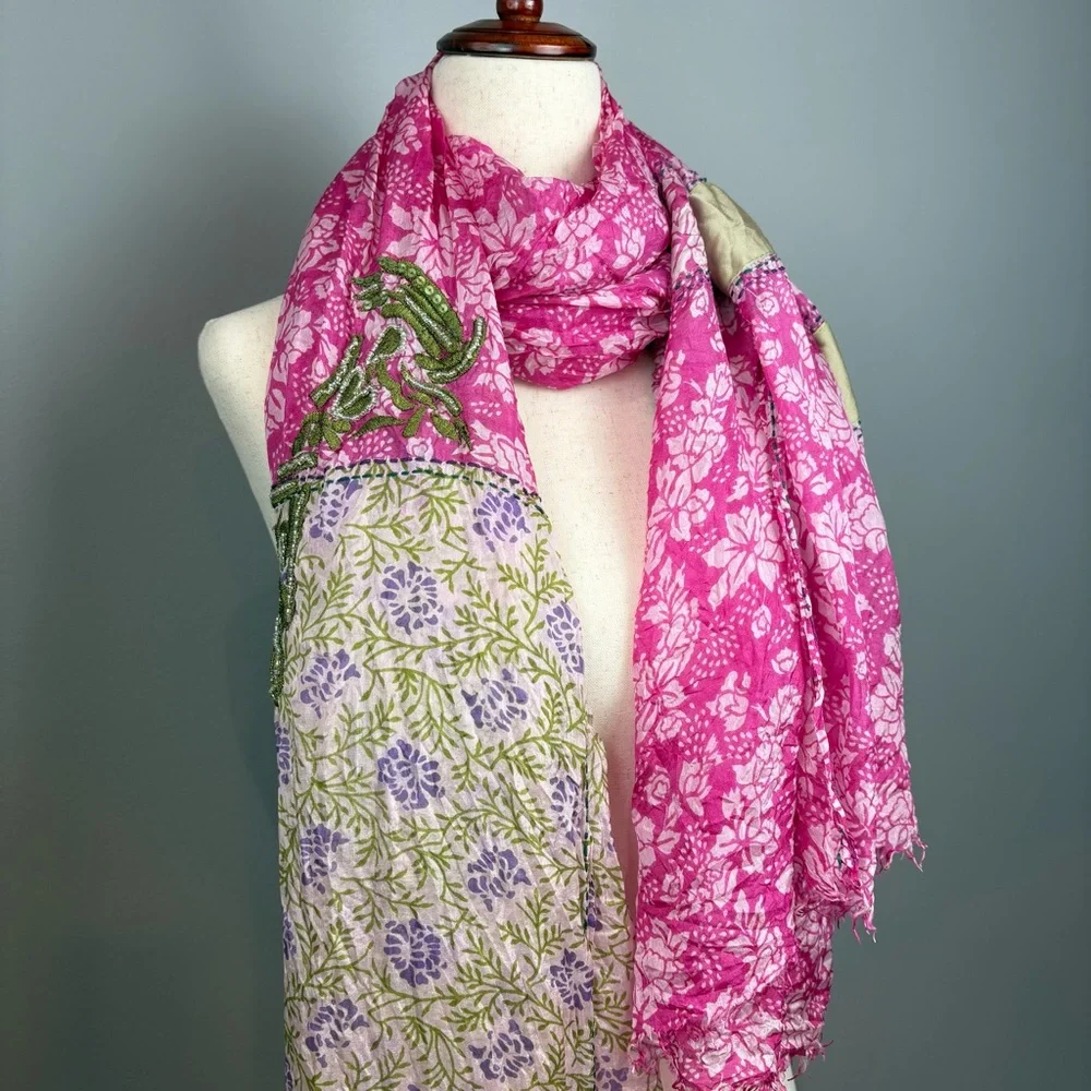 Sete di Jaipur Silk Beaded Sequin Embroidered Scarf 60x40 Hand Stitched Pink
